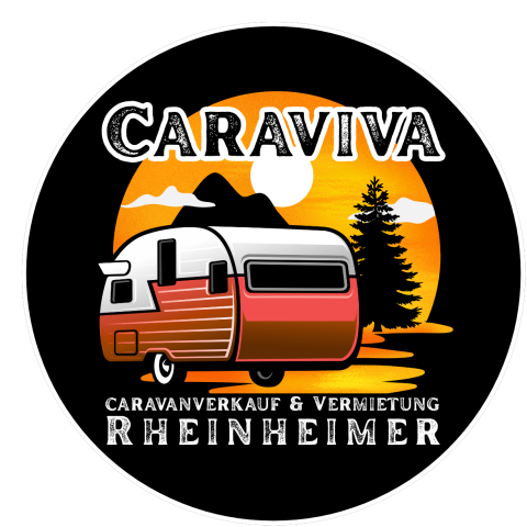 Mini-Wohnwagen von Caraviva in der Sonnenuntergang-Lackierung mit Bergen und Tanne